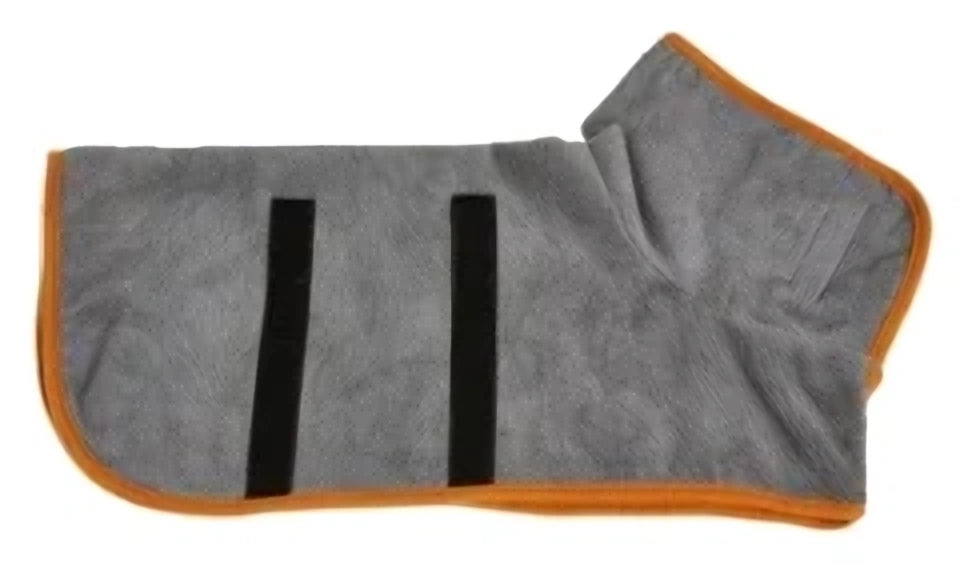 Grey drying wrap with orange edging and two black fastening strips