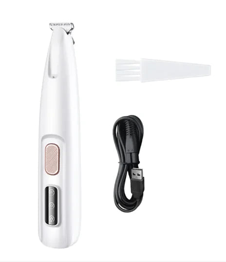 White fur trimmer with charging cable and cleaning brush